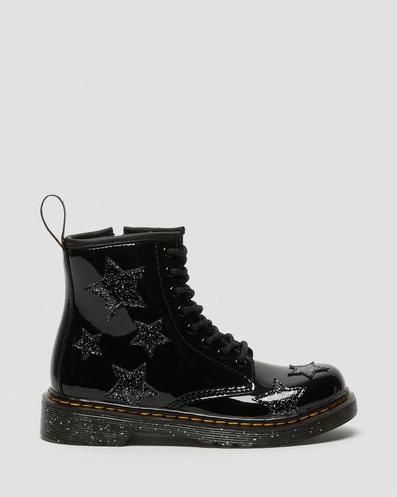 Dr Martens Junior 1460 Glitter Star Lak Snørestøvler Børn Sort | DK 679PJJ